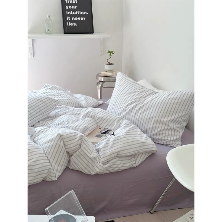シンプル ピンストライプ 布団カバーセット 全2色 2サイズ ベッドカバー 猫 ベッドシーツ セット ベッドリネン おしゃれ 韓国インテリア 韓国雑貨 韓国っぽ インテリア雑貨 70PARK