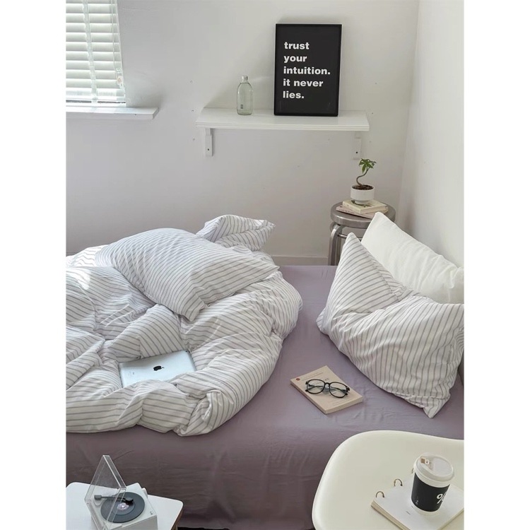 シンプル ピンストライプ 布団カバーセット 全2色 2サイズ ベッドカバー 猫 ベッドシーツ セット ベッドリネン おしゃれ 韓国インテリア 韓国雑貨 韓国っぽ インテリア雑貨 70PARK