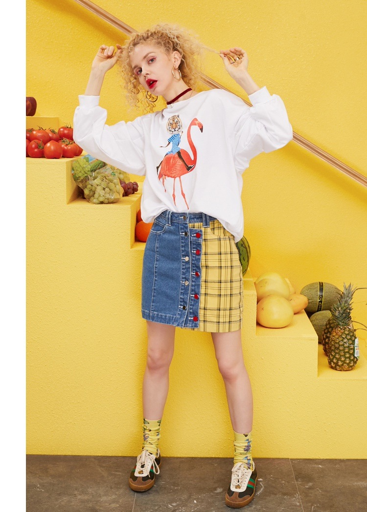 ステッチ切り返しスカート チェック デニム レディース スカート ミニ 韓国 ミニスカート 台形 おしゃれ 10代 20代 夏 春 ダメージ フロントボタン ショート 女性 カジュアル ナチュラル