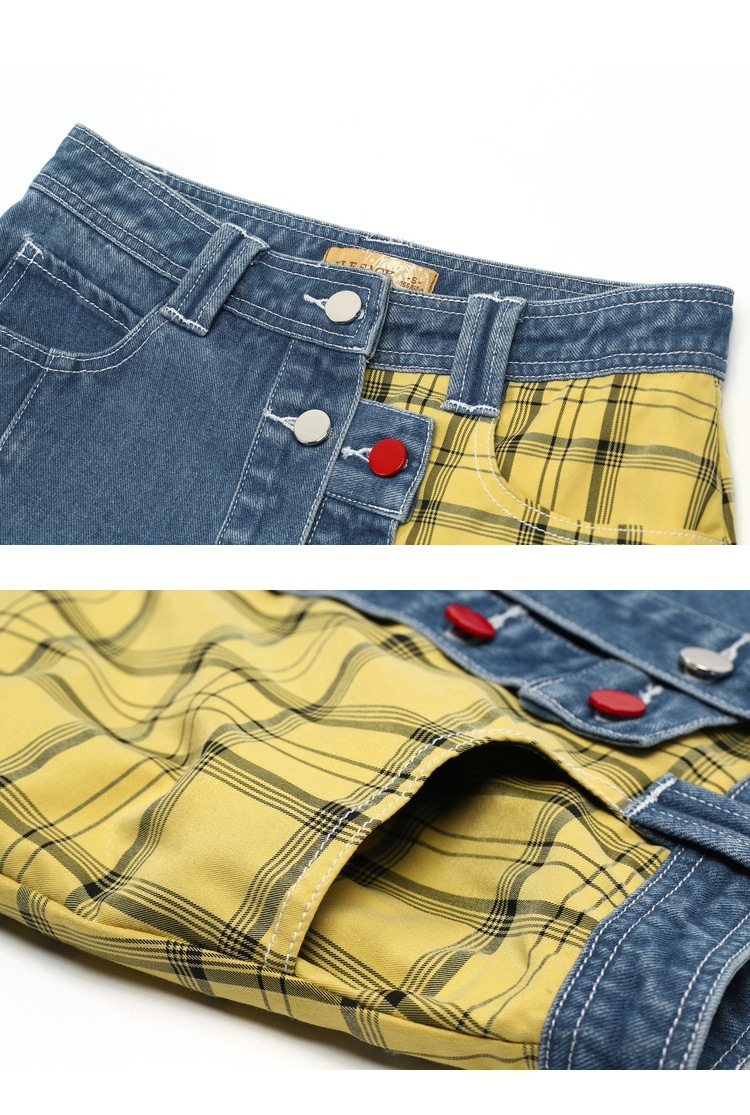 ステッチ切り返しスカート チェック デニム レディース スカート ミニ 韓国 ミニスカート 台形 おしゃれ 10代 20代 夏 春 ダメージ フロントボタン ショート 女性 カジュアル ナチュラル