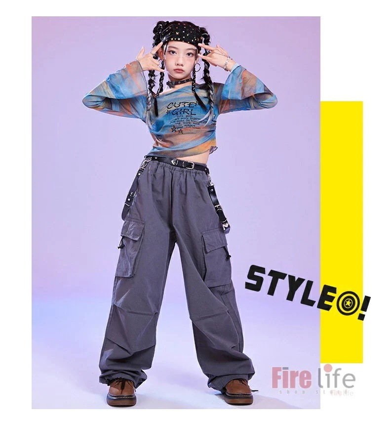ダンスウェアセール キッズダンス衣装 衣装 チアガールヒップホップ ガールズ 長袖メッシュトップス へそ出し 肩出し グレーカーゴパンツ ベルト 韓国 セットアップ ステージ衣装 子供服 ジャズ 舞台 ダンスウェアセール キッズダンス衣装 衣装 チアガールヒップホップ ガールズ 長袖メッシュトップス へそ出し 肩出し グレーカーゴパンツ ベルト 韓国 セットアップ ステージ衣装 子供服 ジャズ 舞台