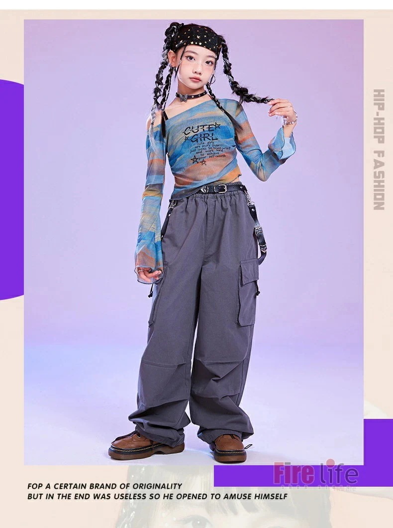 ダンスウェアセール キッズダンス衣装 衣装 チアガールヒップホップ ガールズ 長袖メッシュトップス へそ出し 肩出し グレーカーゴパンツ ベルト 韓国 セットアップ ステージ衣装 子供服 ジャズ 舞台 ダンスウェアセール キッズダンス衣装 衣装 チアガールヒップホップ ガールズ 長袖メッシュトップス へそ出し 肩出し グレーカーゴパンツ ベルト 韓国 セットアップ ステージ衣装 子供服 ジャズ 舞台