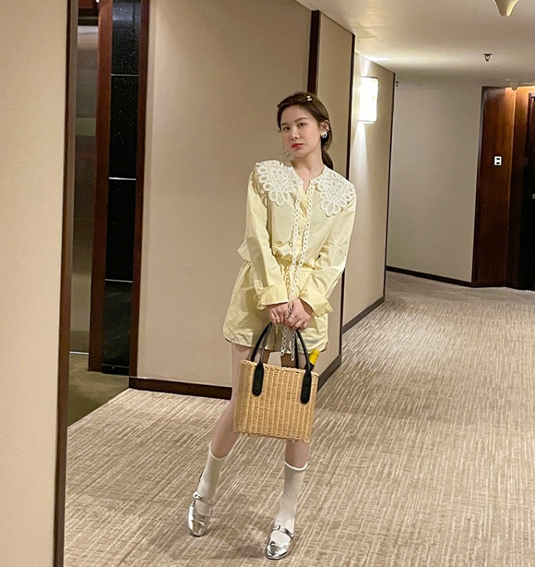 WXLSTUDIO レトロウォッシュデニムカラーシャツショートパンツスーツレディース春新作デザイン2点セット