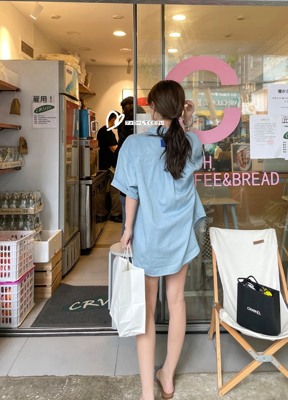 WXLSTUDIO レトロウォッシュデニムカラーシャツショートパンツスーツレディース春新作デザイン2点セット