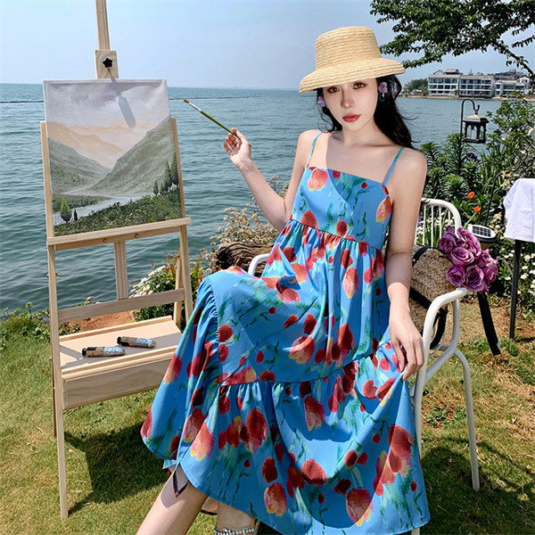 ハワイアン　珊瑚柄　海辺　ワンピース　青 ハワイアン珊瑚柄海辺ワンピース青