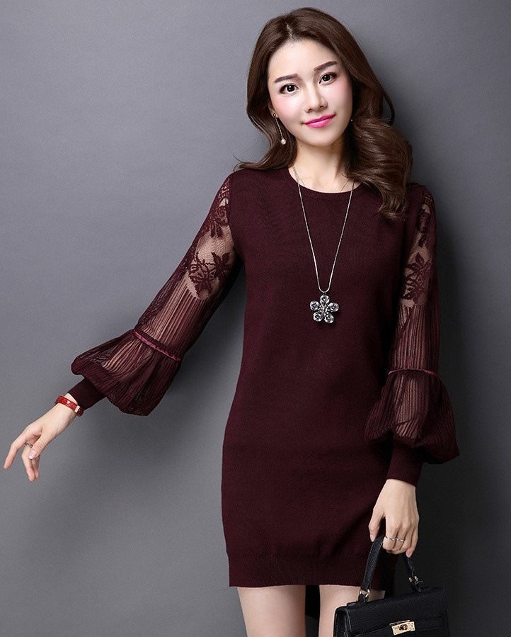 1853.花柄シースルー刺繍ワンピース（ワインレッド）2019 春夏 sale 春夏 sale 長袖 ミディアム レース ビーチ リゾート お呼ばれ パーティー 結婚式 披露宴 二次会 女子会 レスト