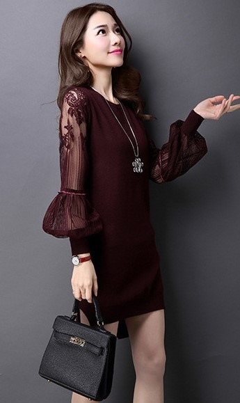 1853.花柄シースルー刺繍ワンピース（ワインレッド）2019 春夏 sale 春夏 sale 長袖 ミディアム レース ビーチ リゾート お呼ばれ パーティー 結婚式 披露宴 二次会 女子会 レスト