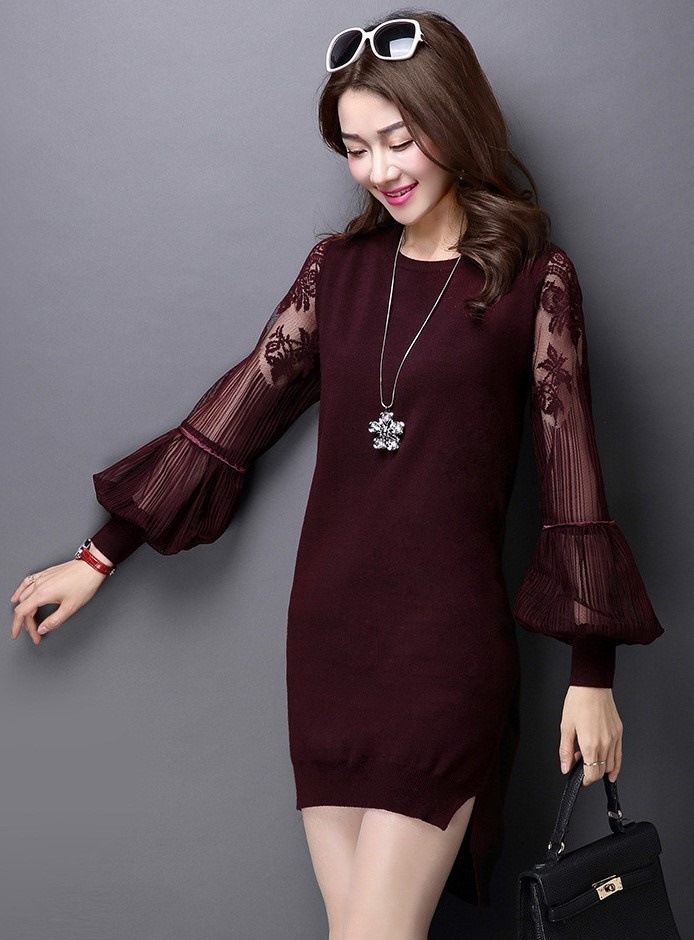 1853.花柄シースルー刺繍ワンピース（ワインレッド）2019 春夏 sale 春夏 sale 長袖 ミディアム レース ビーチ リゾート お呼ばれ パーティー 結婚式 披露宴 二次会 女子会 レスト