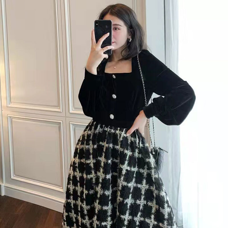 ワンピース フレアワンピース ミモレ ミモレ丈 袖あり 長袖 スクエアネック フレア かわいい 大人可愛い きれいめ 大人 上品 おしゃれ レトロ ラブリー キュート ガーリー チェック柄 格子柄 秋