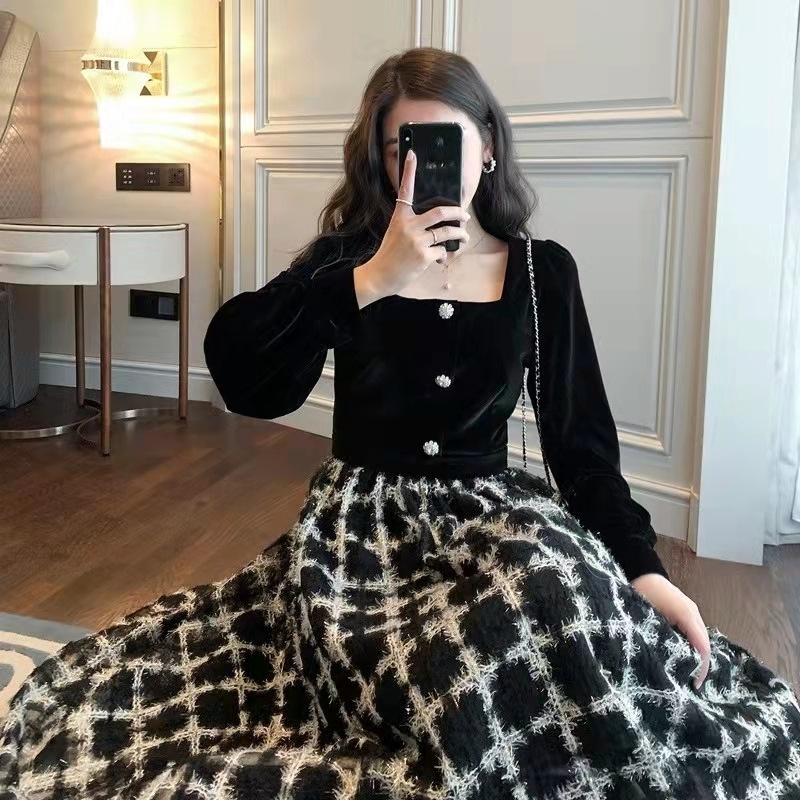 ワンピース フレアワンピース ミモレ ミモレ丈 袖あり 長袖 スクエアネック フレア かわいい 大人可愛い きれいめ 大人 上品 おしゃれ レトロ ラブリー キュート ガーリー チェック柄 格子柄 秋