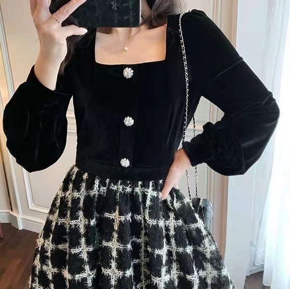 ワンピース フレアワンピース ミモレ ミモレ丈 袖あり 長袖 スクエアネック フレア かわいい 大人可愛い きれいめ 大人 上品 おしゃれ レトロ ラブリー キュート ガーリー チェック柄 格子柄 秋