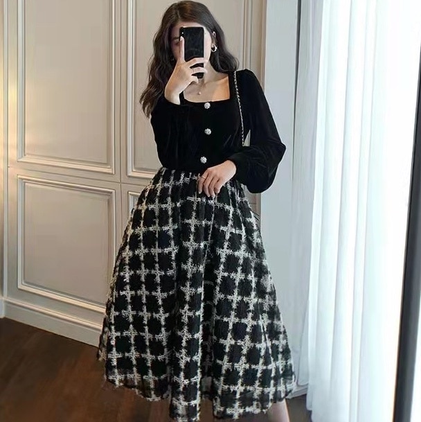 ワンピース フレアワンピース ミモレ ミモレ丈 袖あり 長袖 スクエアネック フレア かわいい 大人可愛い きれいめ 大人 上品 おしゃれ レトロ ラブリー キュート ガーリー チェック柄 格子柄 秋