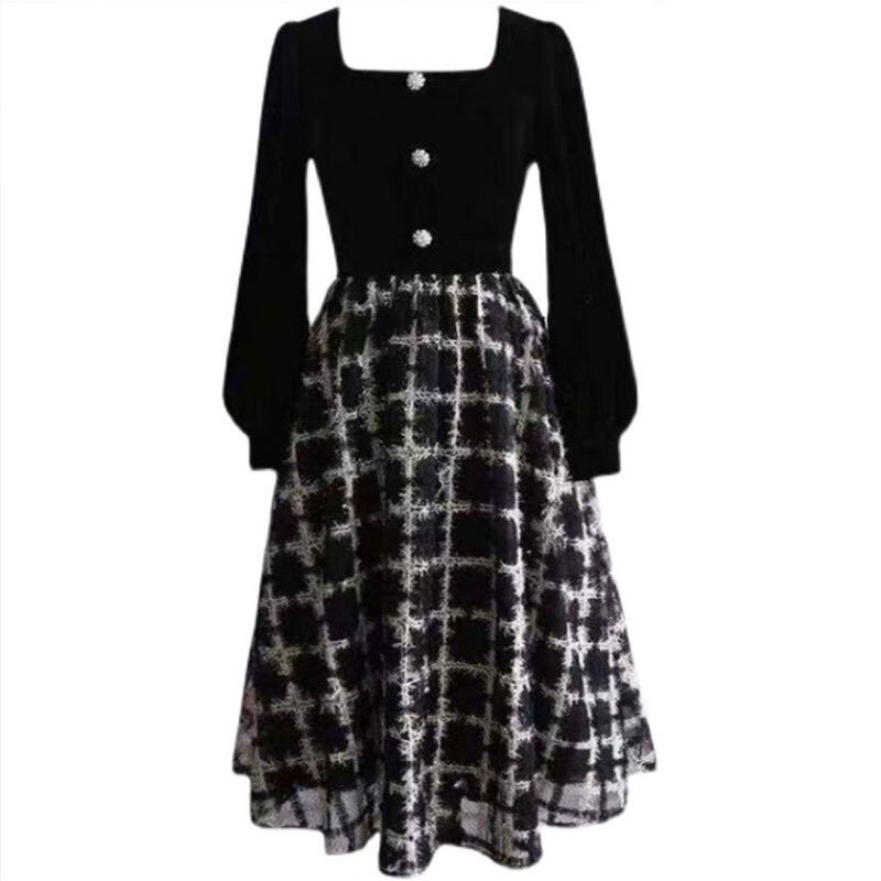 ワンピース フレアワンピース ミモレ ミモレ丈 袖あり 長袖 スクエアネック フレア かわいい 大人可愛い きれいめ 大人 上品 おしゃれ レトロ ラブリー キュート ガーリー チェック柄 格子柄 秋