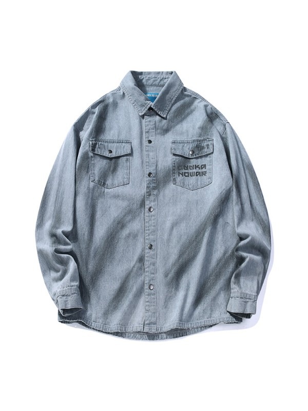 トレンドのグレーのダメージデニム長袖シャツ レディース 薄手 ヒップホッププリント ワークシャツ ジャケット ゆったり トレンドのグレーのダメージデニム長袖シャツ レディース 薄手 ヒップホッププリント ワークシャツ ジャケット ゆったり