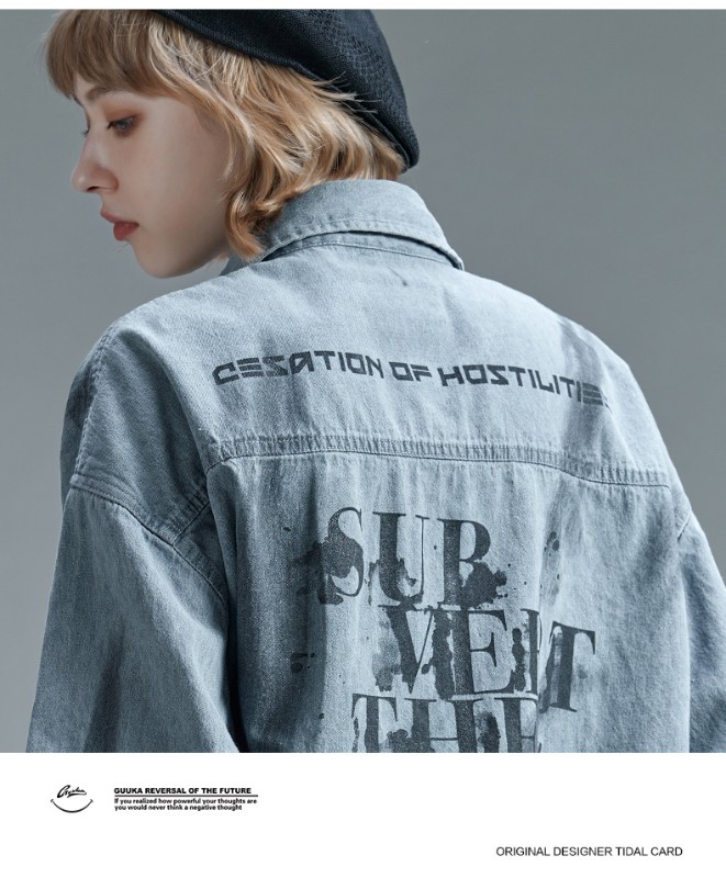 トレンドのグレーのダメージデニム長袖シャツ レディース 薄手 ヒップホッププリント ワークシャツ ジャケット ゆったり トレンドのグレーのダメージデニム長袖シャツ レディース 薄手 ヒップホッププリント ワークシャツ ジャケット ゆったり