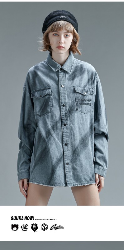 トレンドのグレーのダメージデニム長袖シャツ レディース 薄手 ヒップホッププリント ワークシャツ ジャケット ゆったり トレンドのグレーのダメージデニム長袖シャツ レディース 薄手 ヒップホッププリント ワークシャツ ジャケット ゆったり