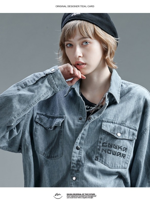 トレンドのグレーのダメージデニム長袖シャツ レディース 薄手 ヒップホッププリント ワークシャツ ジャケット ゆったり トレンドのグレーのダメージデニム長袖シャツ レディース 薄手 ヒップホッププリント ワークシャツ ジャケット ゆったり