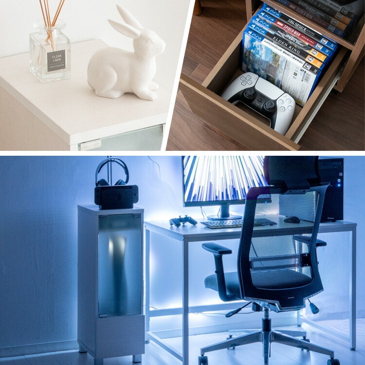 宮武製作所【お客様組み立て】デザイナーズゲームラック REGABO（レガボ） ホワイト PS5やSwitchなど据置型ゲーム機収納に GRK-003-WH【ゲーム機ラック ゲームインテリア ガラス扉付