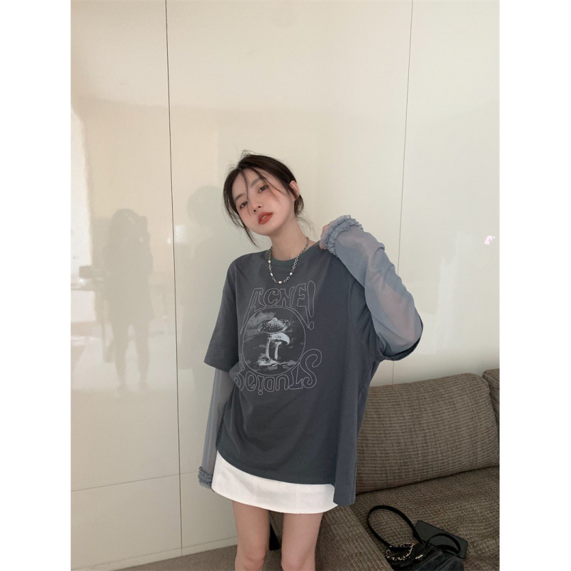 TシャツカットソーシフォンブラウスロンTトップス韓国ファッションシャツスウェット長袖ブラウスフェイクレイヤードクルーネック2wayシアースリーブ TシャツカットソーシフォンブラウスロンTトップス韓国ファッションシャツスウェット長袖ブラウスフェイクレイヤードクルーネック2wayシアースリーブ