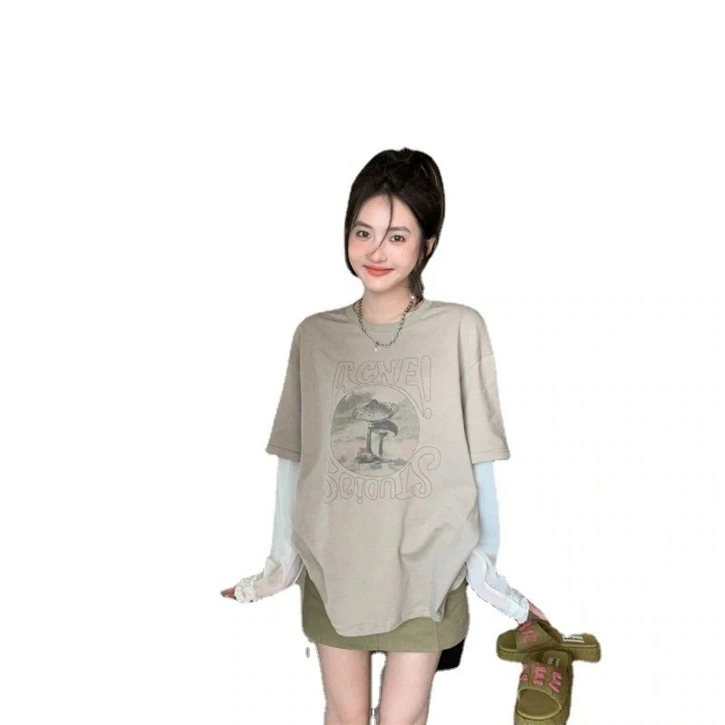 TシャツカットソーシフォンブラウスロンTトップス韓国ファッションシャツスウェット長袖ブラウスフェイクレイヤードクルーネック2wayシアースリーブ TシャツカットソーシフォンブラウスロンTトップス韓国ファッションシャツスウェット長袖ブラウスフェイクレイヤードクルーネック2wayシアースリーブ