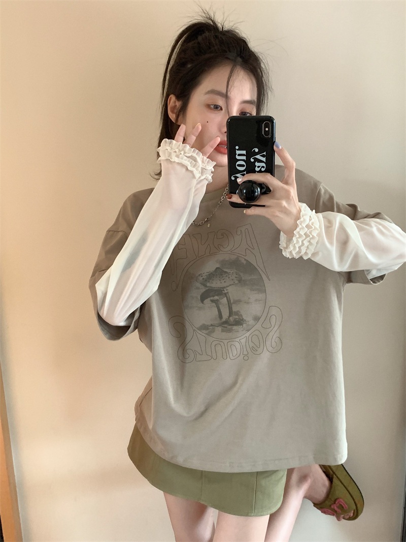 TシャツカットソーシフォンブラウスロンTトップス韓国ファッションシャツスウェット長袖ブラウスフェイクレイヤードクルーネック2wayシアースリーブ TシャツカットソーシフォンブラウスロンTトップス韓国ファッションシャツスウェット長袖ブラウスフェイクレイヤードクルーネック2wayシアースリーブ
