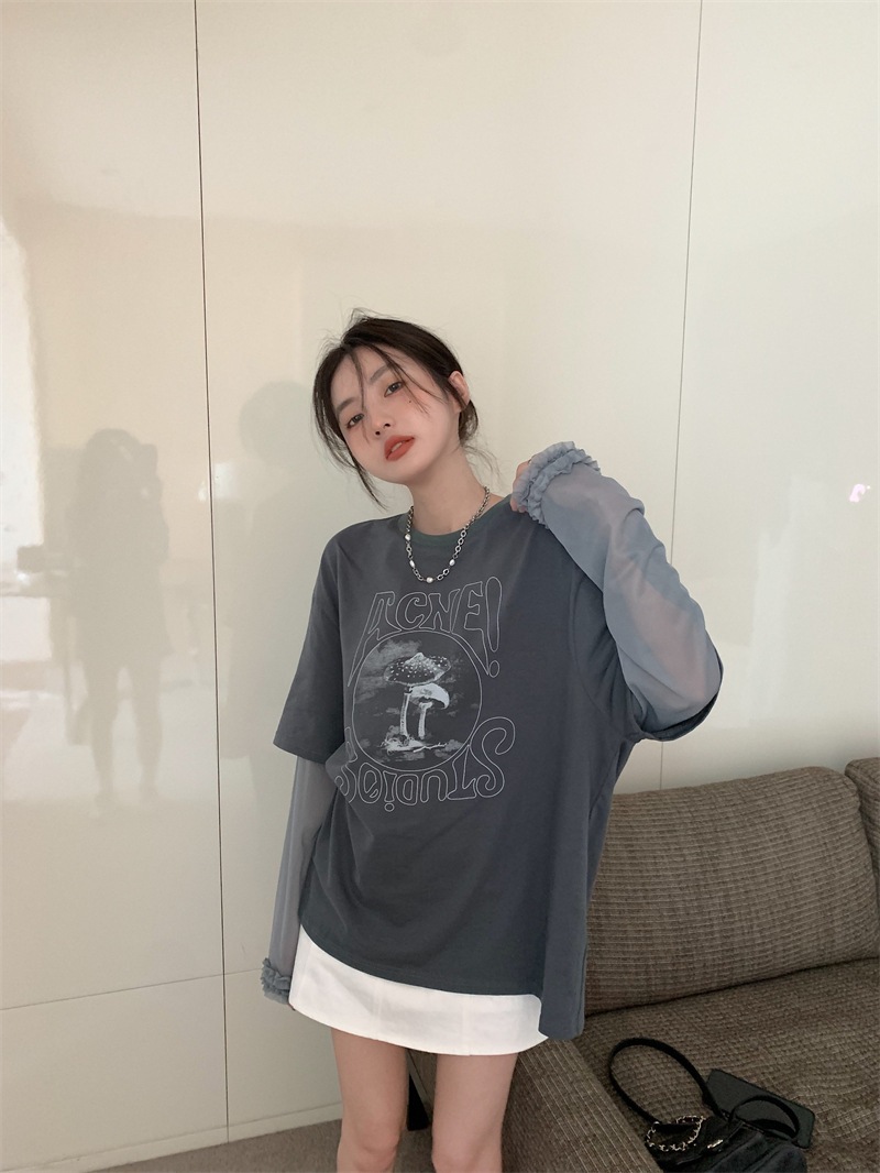 TシャツカットソーシフォンブラウスロンTトップス韓国ファッションシャツスウェット長袖ブラウスフェイクレイヤードクルーネック2wayシアースリーブ TシャツカットソーシフォンブラウスロンTトップス韓国ファッションシャツスウェット長袖ブラウスフェイクレイヤードクルーネック2wayシアースリーブ