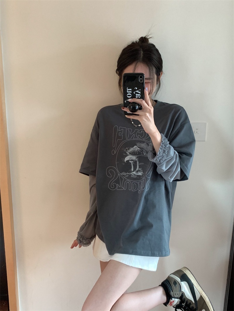 TシャツカットソーシフォンブラウスロンTトップス韓国ファッションシャツスウェット長袖ブラウスフェイクレイヤードクルーネック2wayシアースリーブ TシャツカットソーシフォンブラウスロンTトップス韓国ファッションシャツスウェット長袖ブラウスフェイクレイヤードクルーネック2wayシアースリーブ