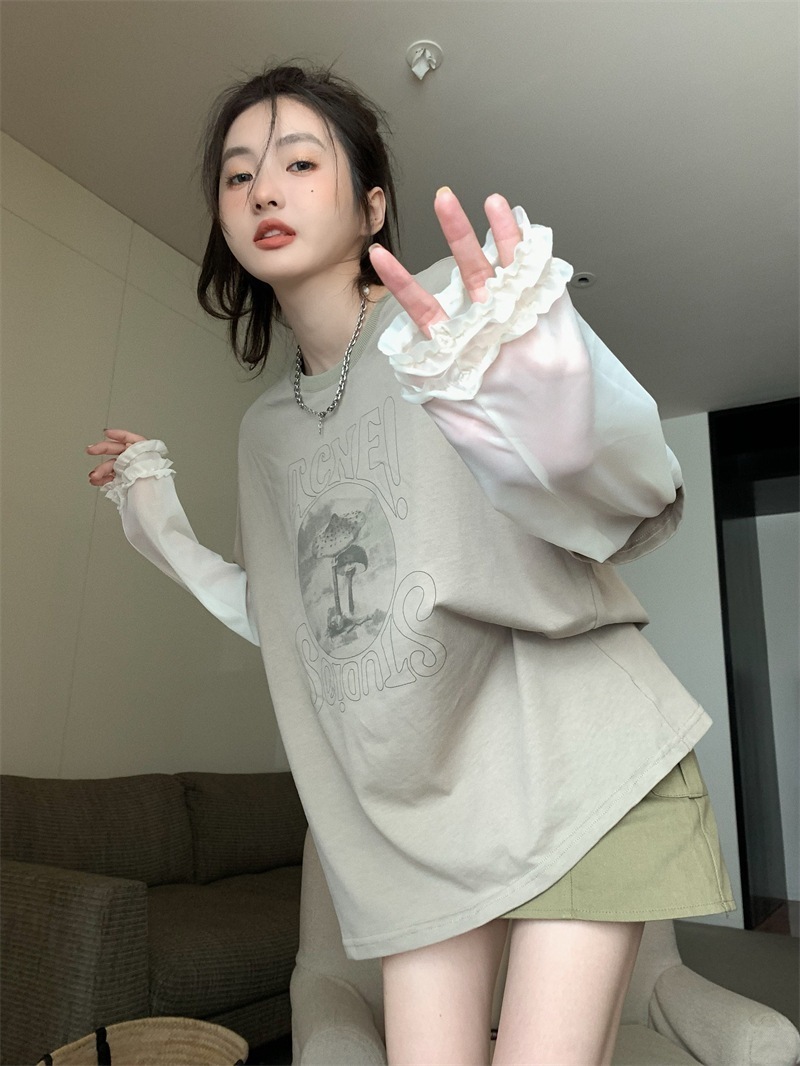 TシャツカットソーシフォンブラウスロンTトップス韓国ファッションシャツスウェット長袖ブラウスフェイクレイヤードクルーネック2wayシアースリーブ TシャツカットソーシフォンブラウスロンTトップス韓国ファッションシャツスウェット長袖ブラウスフェイクレイヤードクルーネック2wayシアースリーブ