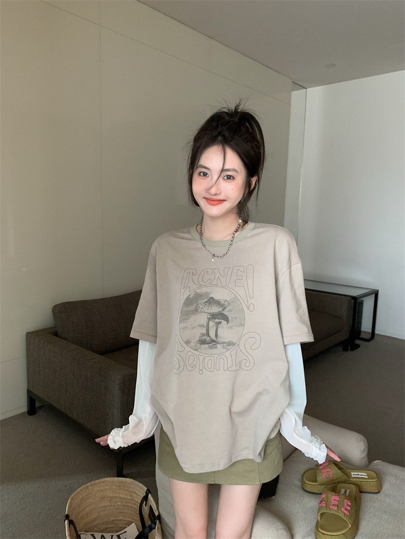 TシャツカットソーシフォンブラウスロンTトップス韓国ファッションシャツスウェット長袖ブラウスフェイクレイヤードクルーネック2wayシアースリーブ TシャツカットソーシフォンブラウスロンTトップス韓国ファッションシャツスウェット長袖ブラウスフェイクレイヤードクルーネック2wayシアースリーブ