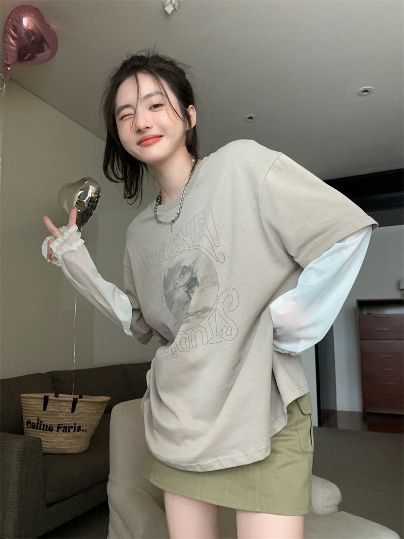 TシャツカットソーシフォンブラウスロンTトップス韓国ファッションシャツスウェット長袖ブラウスフェイクレイヤードクルーネック2wayシアースリーブ TシャツカットソーシフォンブラウスロンTトップス韓国ファッションシャツスウェット長袖ブラウスフェイクレイヤードクルーネック2wayシアースリーブ