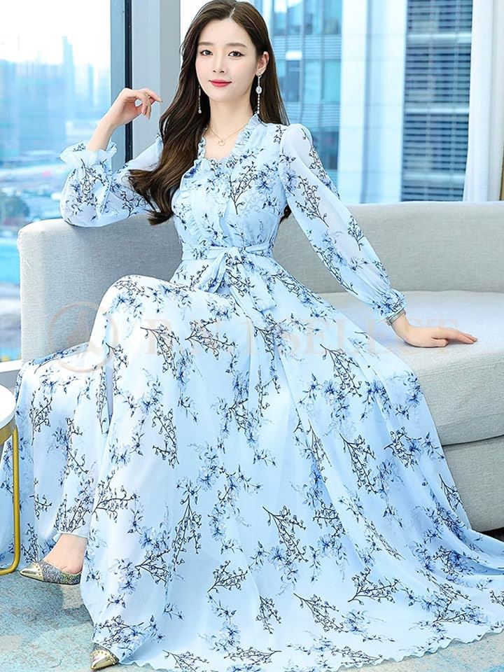 ワンピース レディース 春 秋 ロング きれいめ Aライン 花柄 フリル スクエアネック BN229 BLU( ブルー, M)