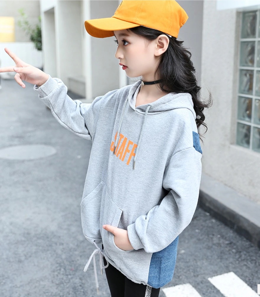 パーカー プルオーバー 子供服 女子 キッズ スウェット 運動服 トレーナー 上着 ゆったり ロゴ フード付 デニム グレー 白 ホワイト 120 130 140 150 160