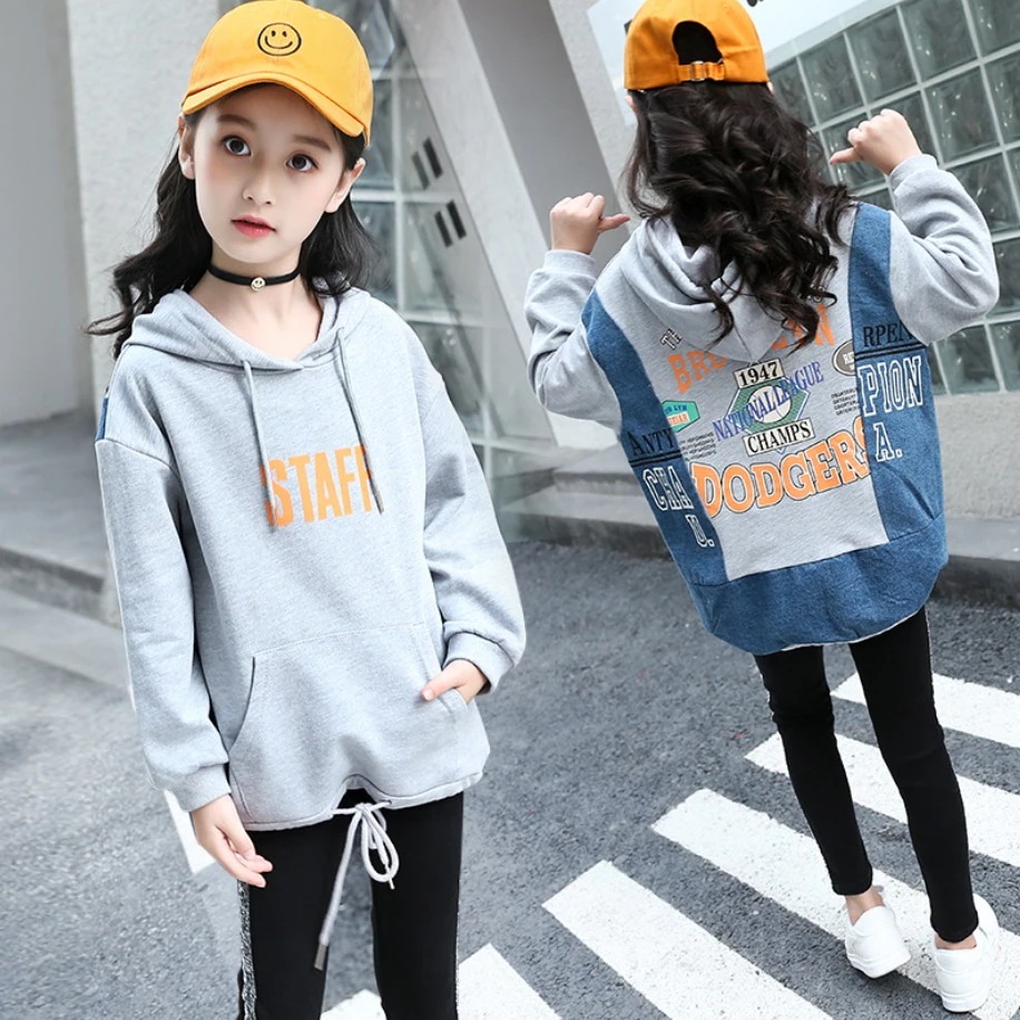パーカー プルオーバー 子供服 女子 キッズ スウェット 運動服 トレーナー 上着 ゆったり ロゴ フード付 デニム グレー 白 ホワイト 120 130 140 150 160