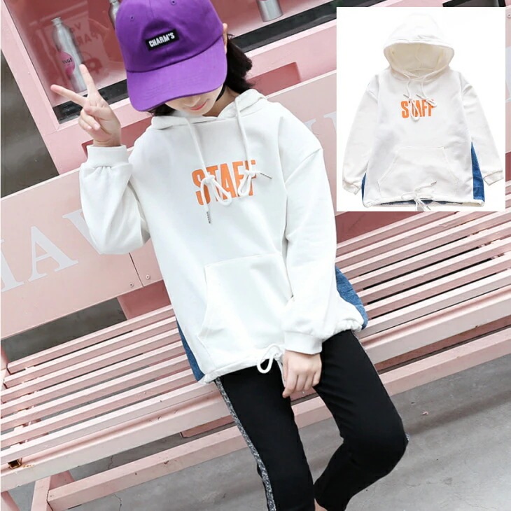 パーカー プルオーバー 子供服 女子 キッズ スウェット 運動服 トレーナー 上着 ゆったり ロゴ フード付 デニム グレー 白 ホワイト 120 130 140 150 160