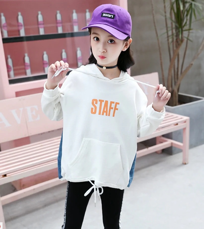 パーカー プルオーバー 子供服 女子 キッズ スウェット 運動服 トレーナー 上着 ゆったり ロゴ フード付 デニム グレー 白 ホワイト 120 130 140 150 160