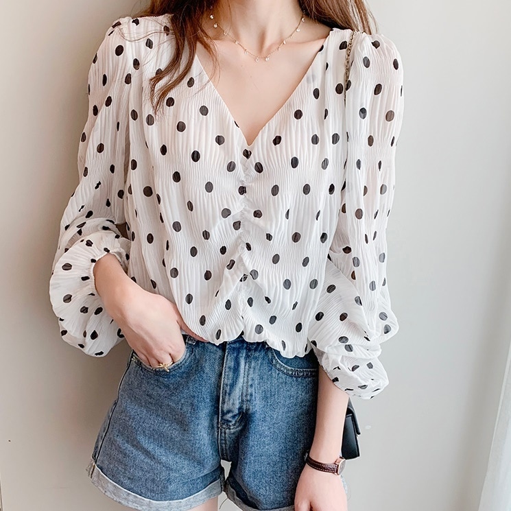トップス レディース ブラウス 長袖 ボリューム袖 S M L XL 韓国 バルーン袖 パフスリーブ ハートネック Vネック 透け感 シースルー シフォン かわいい 大人可愛い シンプル カジュアル