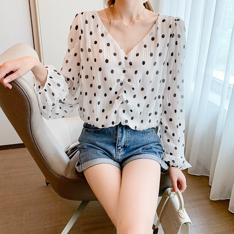 トップス レディース ブラウス 長袖 ボリューム袖 S M L XL 韓国 バルーン袖 パフスリーブ ハートネック Vネック 透け感 シースルー シフォン かわいい 大人可愛い シンプル カジュアル