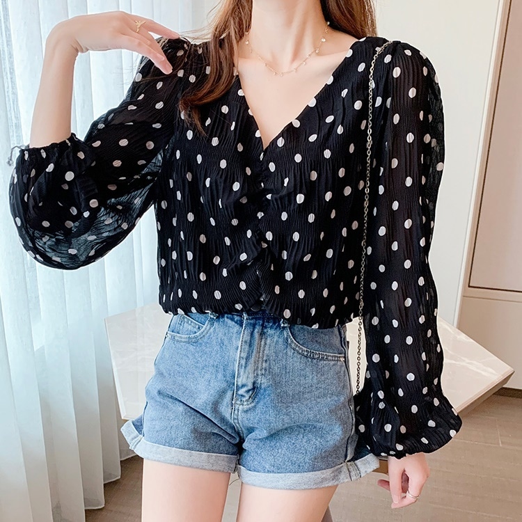 トップス レディース ブラウス 長袖 ボリューム袖 S M L XL 韓国 バルーン袖 パフスリーブ ハートネック Vネック 透け感 シースルー シフォン かわいい 大人可愛い シンプル カジュアル