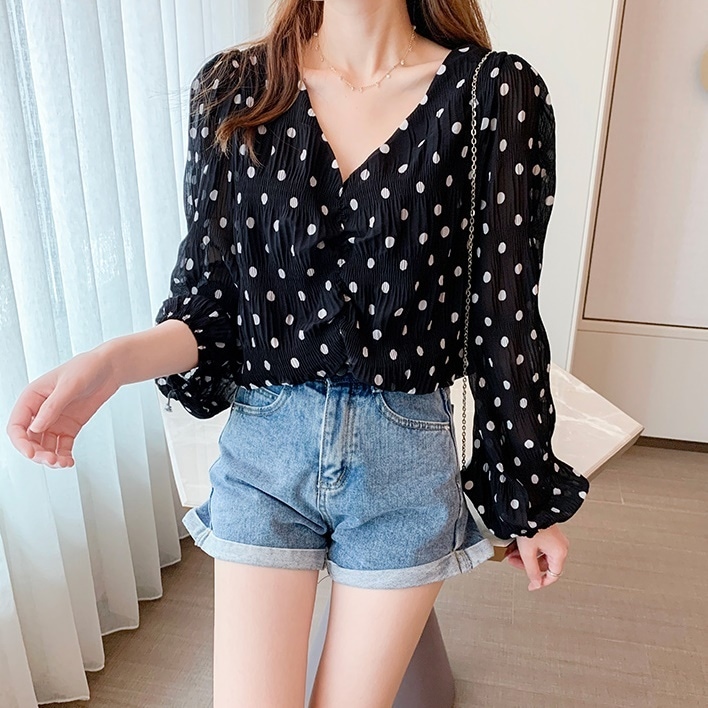 トップス レディース ブラウス 長袖 ボリューム袖 S M L XL 韓国 バルーン袖 パフスリーブ ハートネック Vネック 透け感 シースルー シフォン かわいい 大人可愛い シンプル カジュアル
