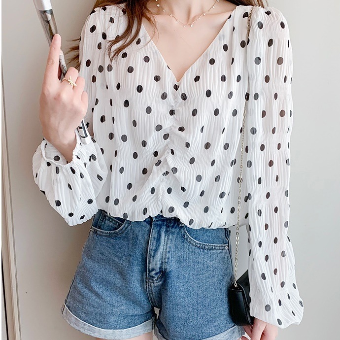 トップス レディース ブラウス 長袖 ボリューム袖 S M L XL 韓国 バルーン袖 パフスリーブ ハートネック Vネック 透け感 シースルー シフォン かわいい 大人可愛い シンプル カジュアル