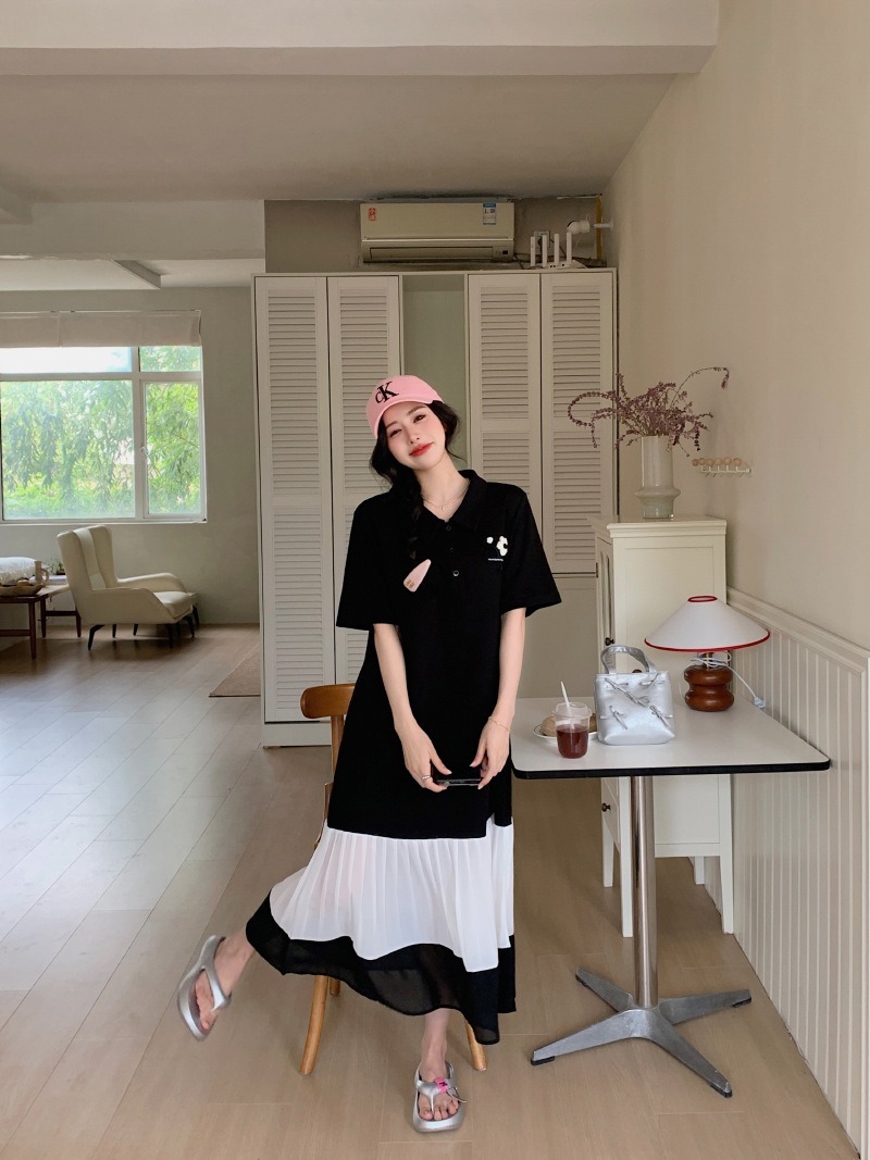 レディース ワンピース 膝下 ミモレ ロング 半袖 襟付き 角襟 ポロカラー 切り替え 透け感 シースルー ボタン 切り替えデザイン バイカラー 配色 異素材ミックス 大人可愛い シンプル カジュアル