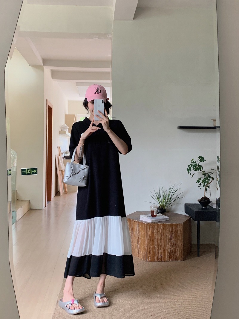 レディース ワンピース 膝下 ミモレ ロング 半袖 襟付き 角襟 ポロカラー 切り替え 透け感 シースルー ボタン 切り替えデザイン バイカラー 配色 異素材ミックス 大人可愛い シンプル カジュアル