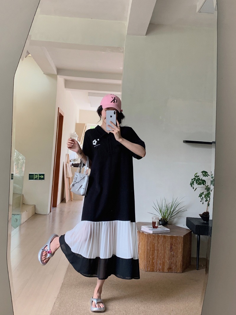 レディース ワンピース 膝下 ミモレ ロング 半袖 襟付き 角襟 ポロカラー 切り替え 透け感 シースルー ボタン 切り替えデザイン バイカラー 配色 異素材ミックス 大人可愛い シンプル カジュアル