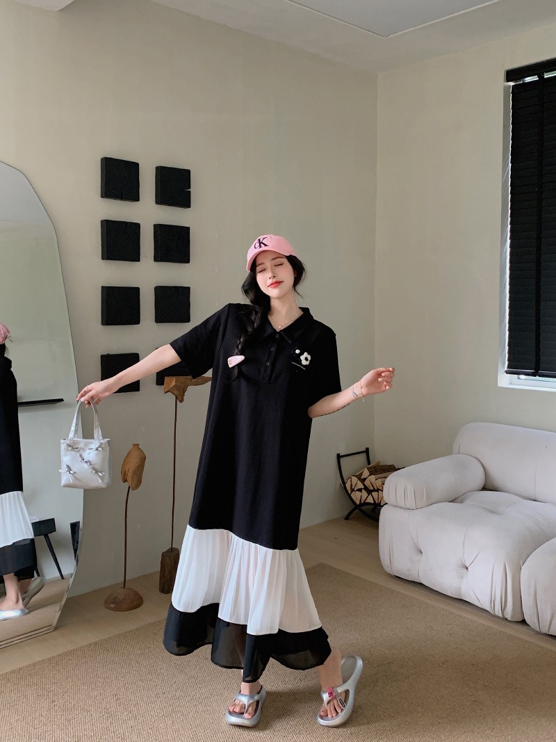 レディース ワンピース 膝下 ミモレ ロング 半袖 襟付き 角襟 ポロカラー 切り替え 透け感 シースルー ボタン 切り替えデザイン バイカラー 配色 異素材ミックス 大人可愛い シンプル カジュアル