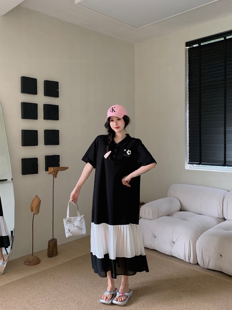 レディース ワンピース 膝下 ミモレ ロング 半袖 襟付き 角襟 ポロカラー 切り替え 透け感 シースルー ボタン 切り替えデザイン バイカラー 配色 異素材ミックス 大人可愛い シンプル カジュアル