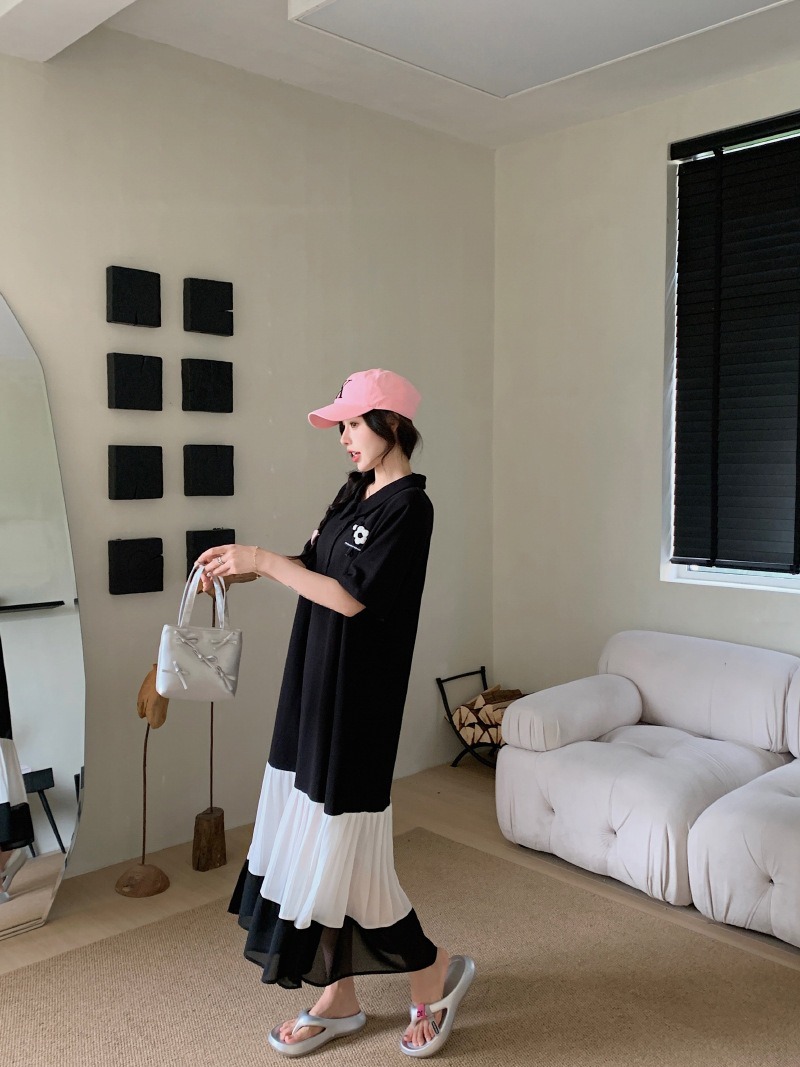 レディース ワンピース 膝下 ミモレ ロング 半袖 襟付き 角襟 ポロカラー 切り替え 透け感 シースルー ボタン 切り替えデザイン バイカラー 配色 異素材ミックス 大人可愛い シンプル カジュアル