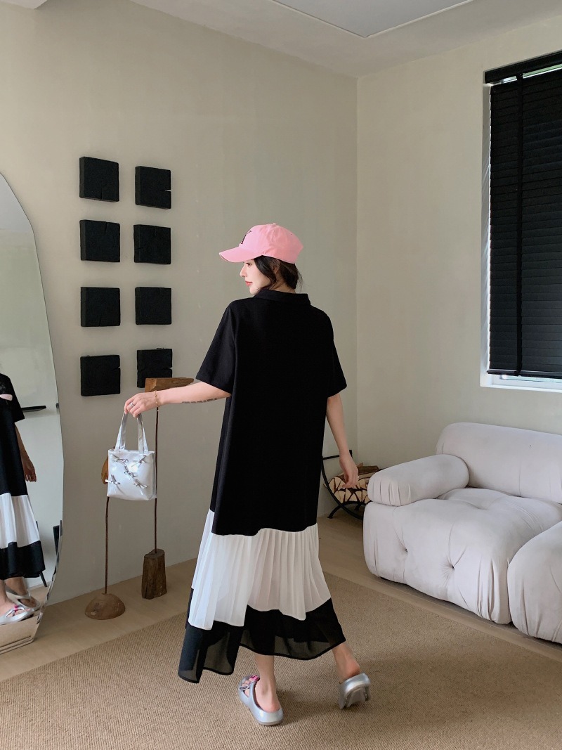 レディース ワンピース 膝下 ミモレ ロング 半袖 襟付き 角襟 ポロカラー 切り替え 透け感 シースルー ボタン 切り替えデザイン バイカラー 配色 異素材ミックス 大人可愛い シンプル カジュアル