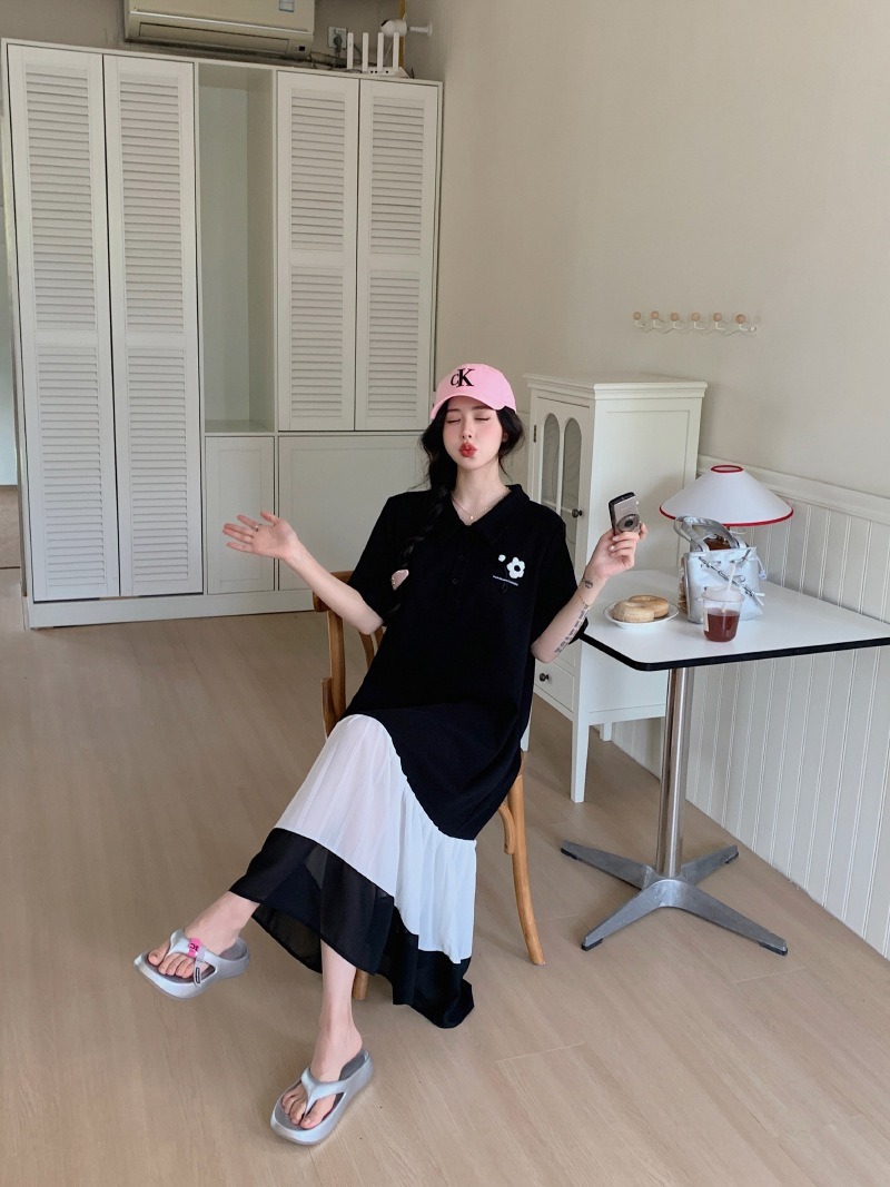 レディース ワンピース 膝下 ミモレ ロング 半袖 襟付き 角襟 ポロカラー 切り替え 透け感 シースルー ボタン 切り替えデザイン バイカラー 配色 異素材ミックス 大人可愛い シンプル カジュアル