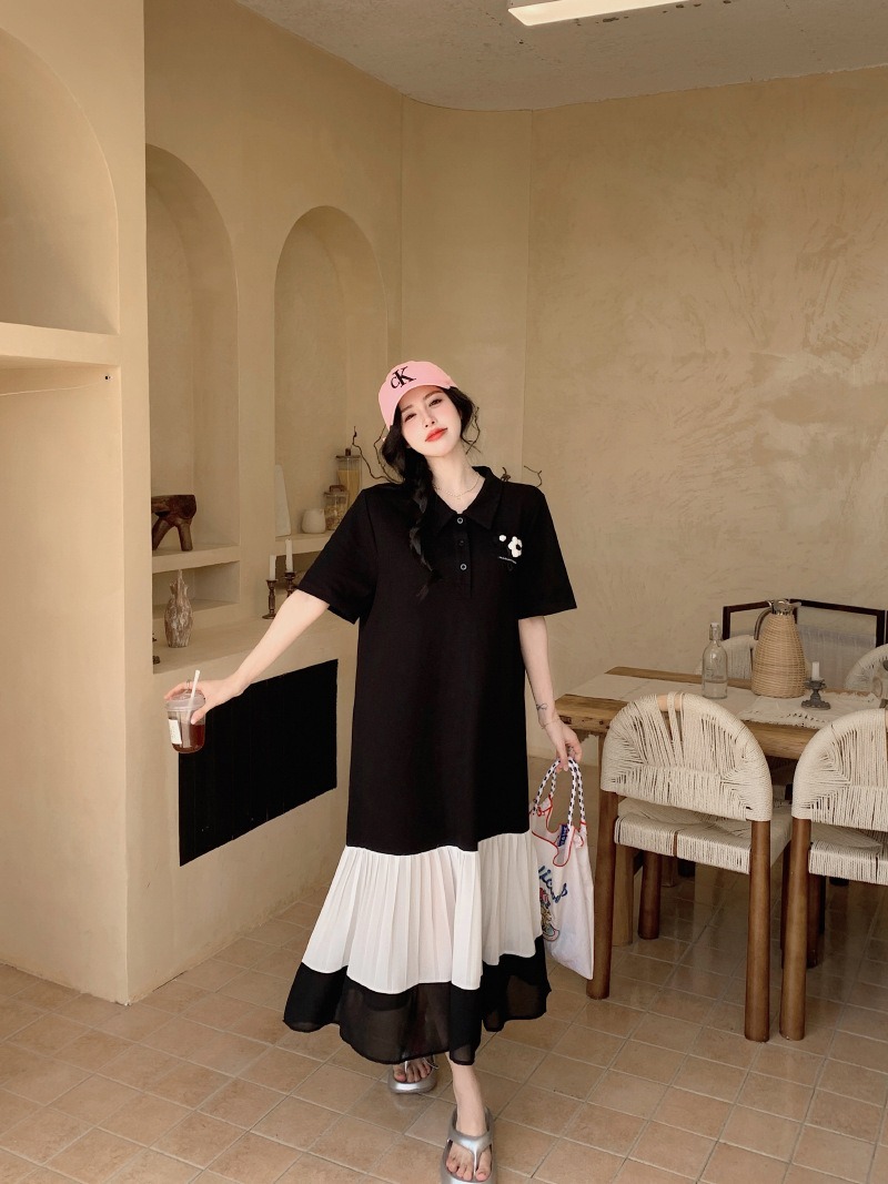 レディース ワンピース 膝下 ミモレ ロング 半袖 襟付き 角襟 ポロカラー 切り替え 透け感 シースルー ボタン 切り替えデザイン バイカラー 配色 異素材ミックス 大人可愛い シンプル カジュアル