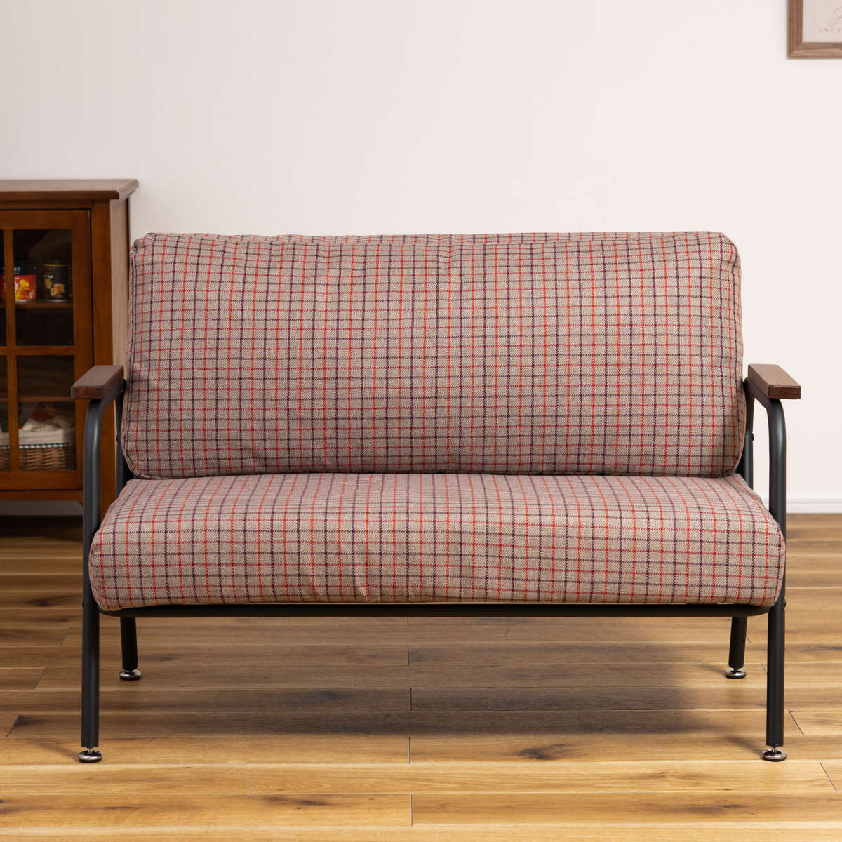 ソファ 2人掛け 幅110cm チェック柄 コンパクト スチールフレーム